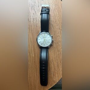 Kenneth Cole Silver Chronograph Watch with Black Leather Strap